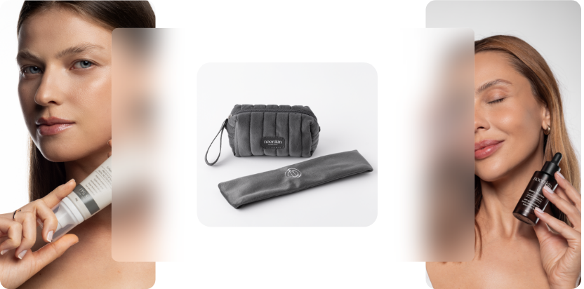 Imagem de duas mulheres segurando os produtos Noorskin em campanha de Black Friday com 30% de desconto e preview dos brindes