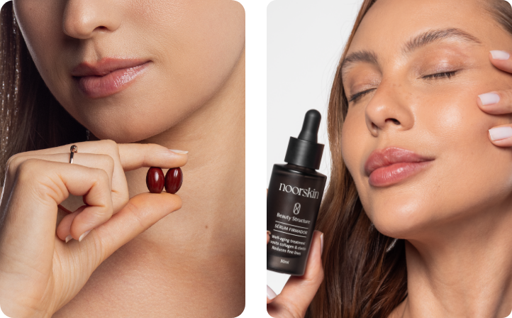 mulher mostrando os nutricosméticos da noorskin e Mulher aplicando o sérum firmador Beauty Structure da Noorskin no rosto durante campanha de Black Friday com 30% off