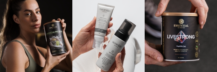 Mulher mostrando suplemento Cookies e lime Essential Nutrition, junto com demonstração do livestrong Essential Nutrition e produtodos Noorskin   Mulher mostrando suplemento Cookies e lime Essential Nutrition, junto com demonstração do livestrong Essential Nutrition e produtodos Noorskin