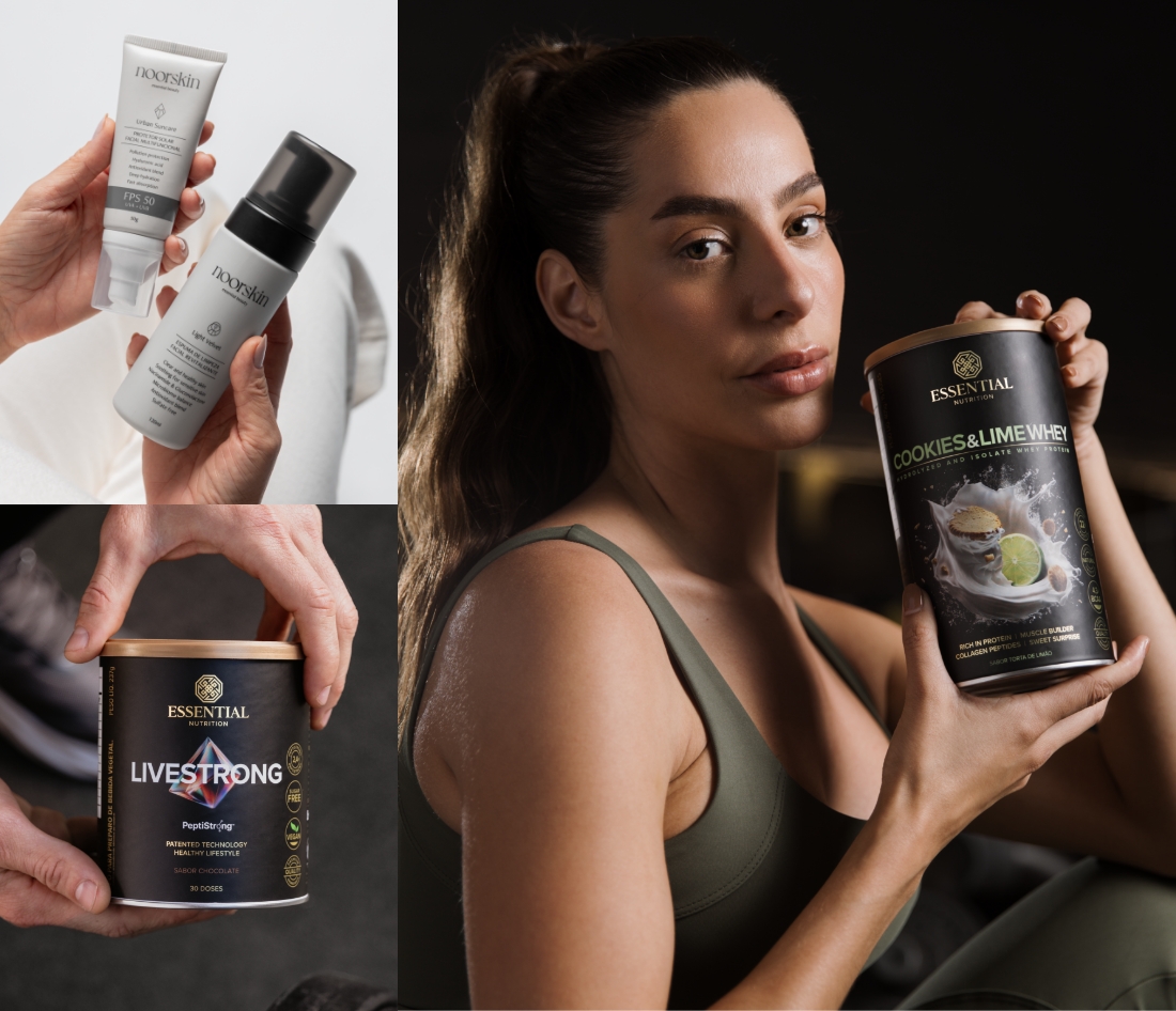 Mulher mostrando suplemento Cookies e lime Essential Nutrition, junto com demonstração do livestrong Essential Nutrition e produtodos Noorskin   Mulher mostrando suplemento Cookies e lime Essential Nutrition, junto com demonstração do livestrong Essential Nutrition e produtodos Noorskin