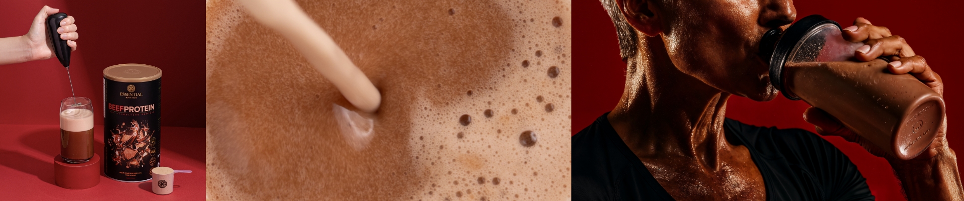 sequência de três fotos do beef protein, a primeira com a preparação da proteína sem lactose, a segunda com a textura da proteína cremosa pronta e a terceira com uma pessoa tomando o beef protein de cacau