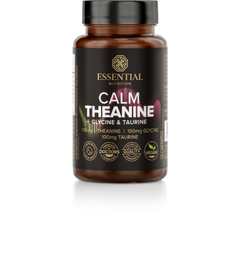 Imagem de um infográfico comparativo explicando a linha de teaninas da Essential Nutrition: Calm Theanine