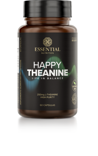 Imagem de um infográfico comparativo explicando a linha de teaninas da Essential Nutrition: Happy Theanine 