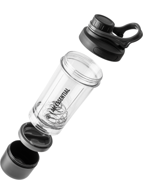 foto das partes de uma coqueteleira que possui designer modular para transportar suplementos com segurança