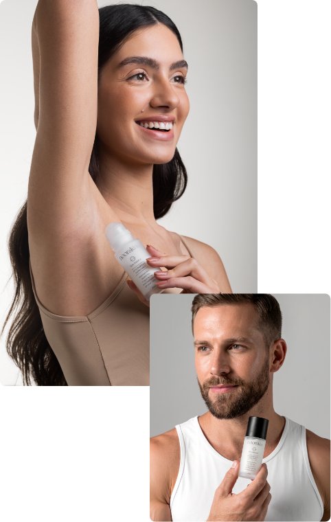 Mulher aplicando Deo Balance e composição do produto