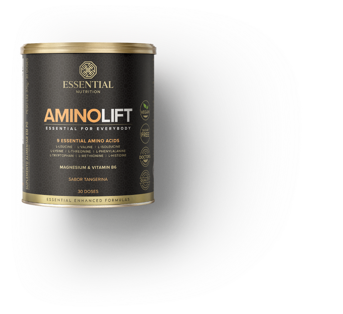 Imagem Aminolift Essentia Nutrition, com embalagem destacando benefícios e ingredientes saudáveis.