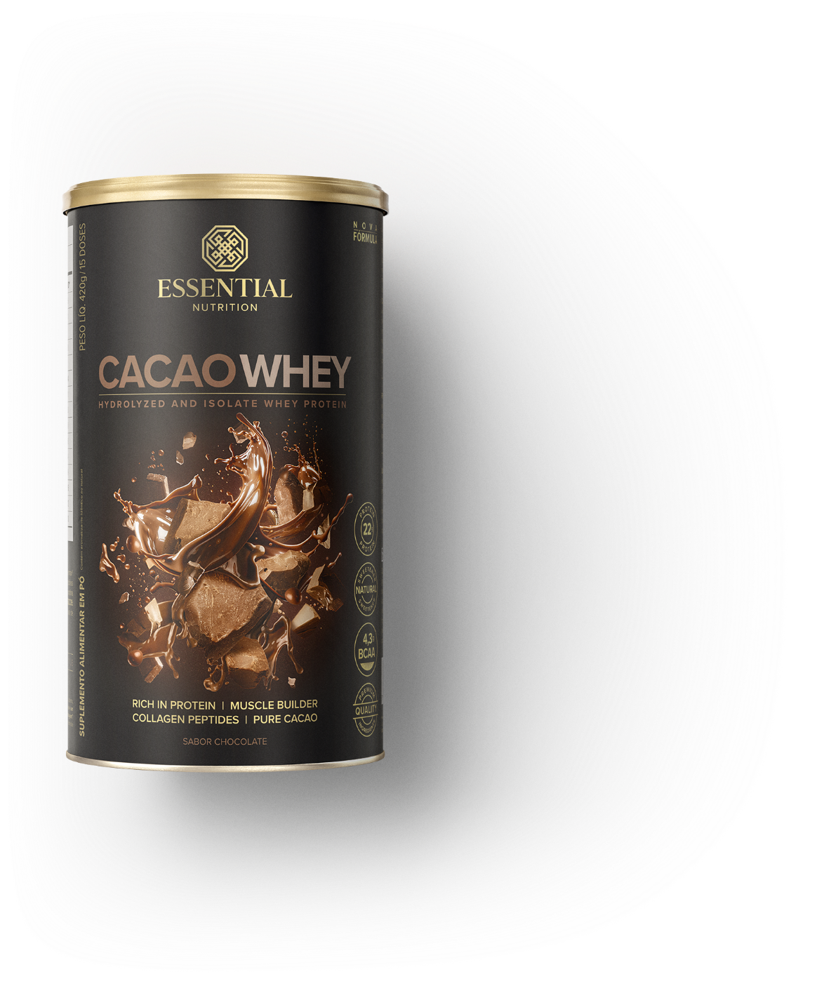 Imagem Whey Cacao Essentia Nutrition, com embalagem destacando benefícios e ingredientes saudáveis.