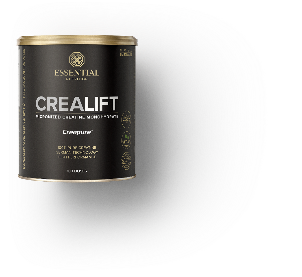 Imagem Crealift Essentia Nutrition, com embalagem destacando benefícios e ingredientes saudáveis.