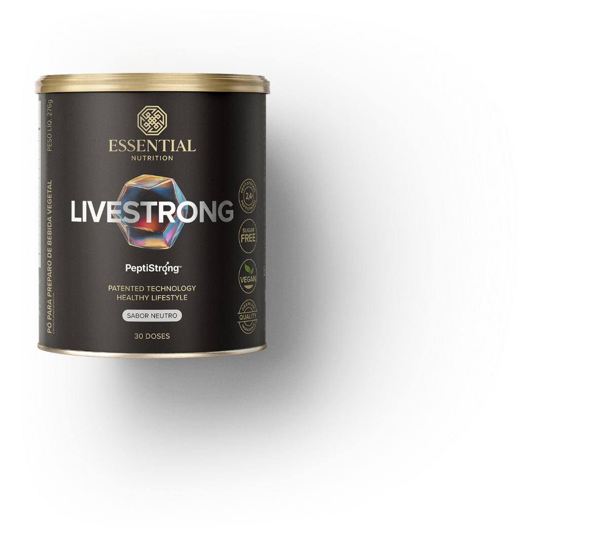 Imagem LiveStrong Neutro Essentia Nutrition, com embalagem destacando benefícios e ingredientes saudáveis.